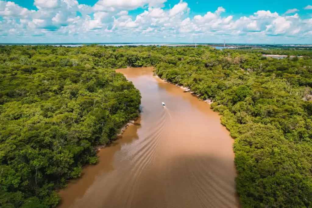 Aerial view of the Amazon River with a boat surrounded by lush jungle, ideal for a luxury honeymoon in Peru.