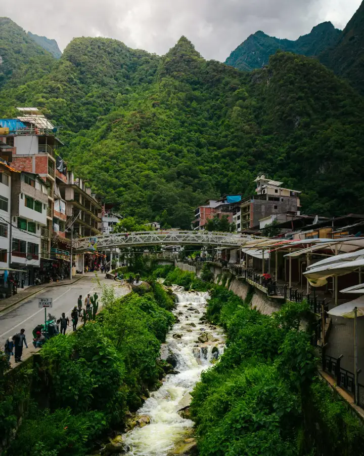 Aguas Calientes town and river scenery during the first day of a Machu Picchu honeymoon tour