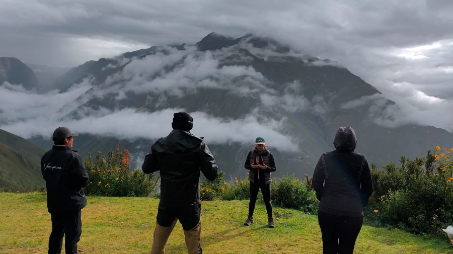 Couple experiencing the cloud forest views with their guide on Day 3 of their luxury glamping Inca Trail honeymoon