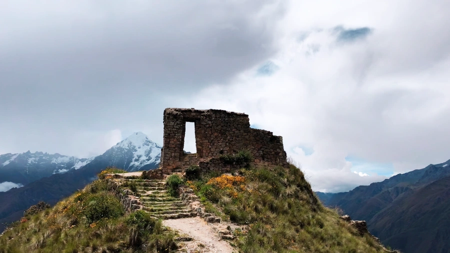 Drone view of Inti Punku, the Sun Gate on the Inca Trail, during a luxury glamping Inca Trail honeymoon